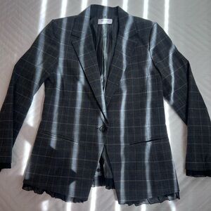 Bailey 44 Women’s Grey Plaid Single Breasted Cotton  Blazer With Frill Trim US6